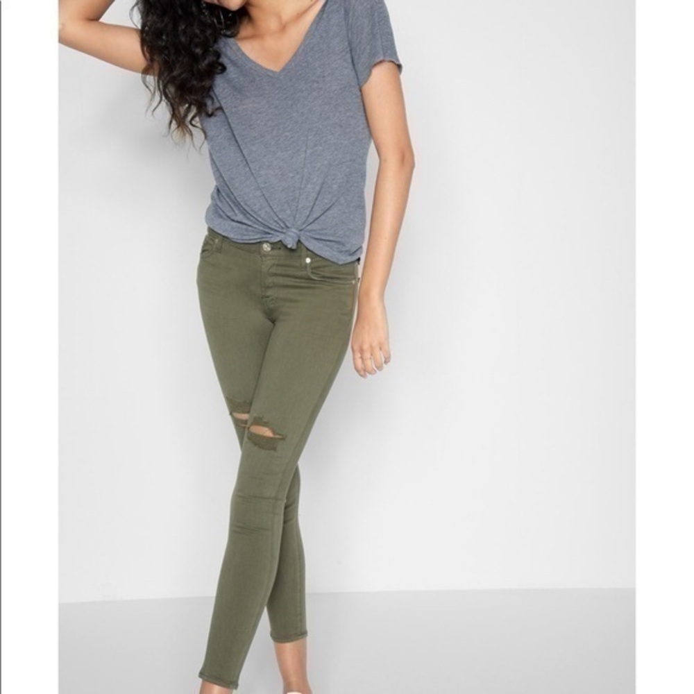 7 For All Mankind Ankle Skinny-Knee Holes-Olive